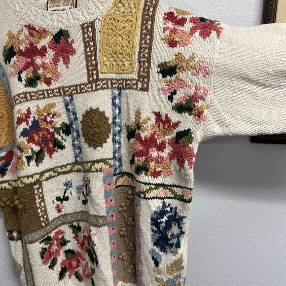 Vtg 90s Crystal Kobe Knit Pastel Floral Winter Crochet Sweater Cottage Size 38 - Picture 6 of 7